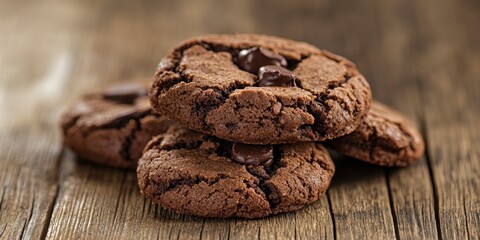 Fototapeta premium Chocolate cookies displayed on a rustic wooden background create an inviting atmosphere. These chocolate cookies are perfect for sharing or enjoying as a delightful treat.