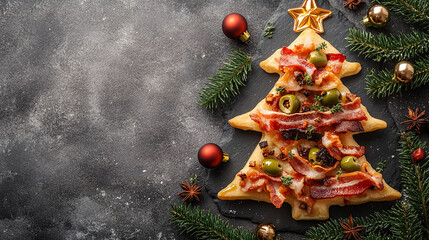 pizza presentation designed to resemble a Christmas tree, adorned with toppings