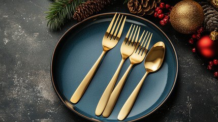 a plate with gold forks and spoons on a table. 