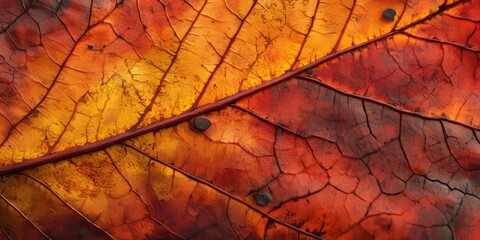 Close up showcasing the intricate texture of an autumn leaf, highlighting the natural patterns and vivid colors that define the beauty of autumn leaf details in nature.