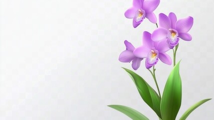 Elegant purple orchids with green leaves on a white background.