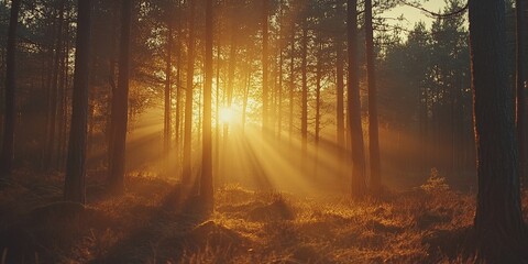 Sunbeams brighten the trunks of pine trees during sunset or sunrise in a vibrant autumn or early winter pine forest. Experience the nostalgic aesthetics of vintage film with these enchanting sunbeams.