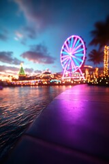 Obraz premium Illuminated ferris wheel at dusk coastal city photography vibrant atmosphere low angle nightlife concept