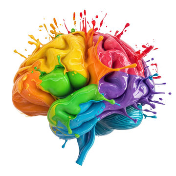 Colorful Brain Splash: A vibrant, 3D rendering of a human brain exploding with rainbow-colored paint, symbolizing creativity, innovation, and the power of ideas.