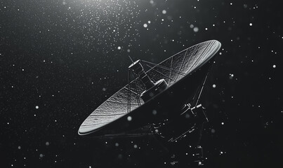 A satellite dish floats in dark water, surrounded by shimmering bubbles, creating a mysterious and serene underwater scene.