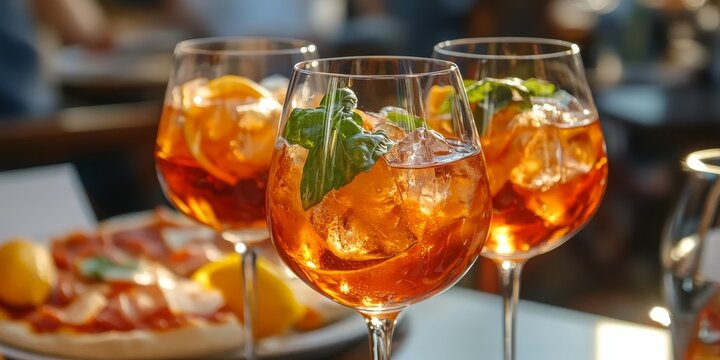 A grand celebration marks the opening of a new restaurant, offering free Aranciata and spritz cocktails. Promotion details are showcased in bright colors at the pizza place.