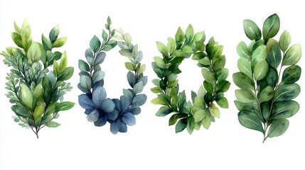 Watercolor greenery wreaths and leaves. Generative AI