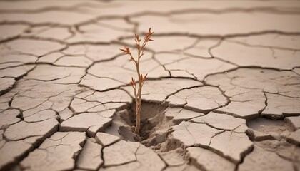 Dried, cracked earth with a dried plant stem emerging from the ground