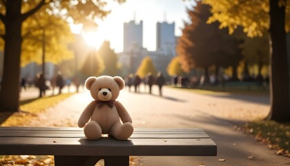 A teddy bear sitting on a park bench in front of a blurred group of people walking in the background on a sunny day
