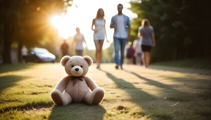 A teddy bear sitting on a grass in front of a blurred group of people walking in the background on a sunny day