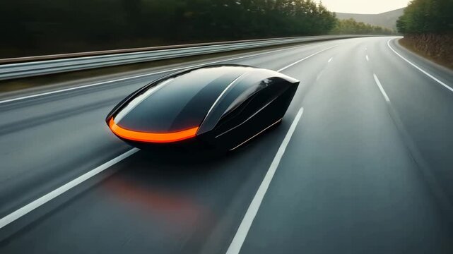 Innovative electric pod racing along winding road near mountains in the evening light
