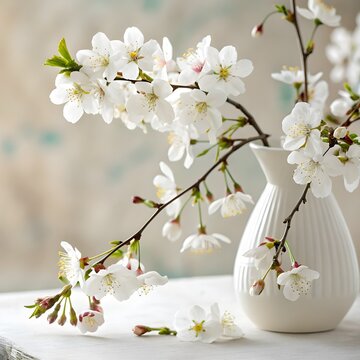 A white vase filled with white flowers placed elegantly on a wooden table.