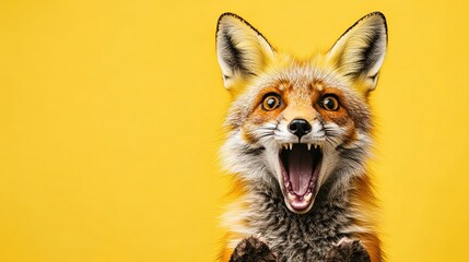 fox face. open mouth. Surprised and shocked with paws on his head on a colored plain background. place for text.