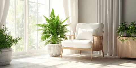 In a bright, roomy living area, a white chair and a potted fern create a cozy vibe. Plants are placed on the floor by the window, enhancing the calm atmosphere of the space.