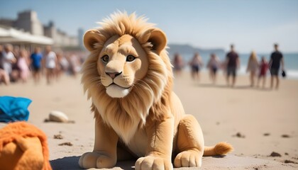 A stuffed lion sitting on a beach in front of a blurred group of people walking in the background...