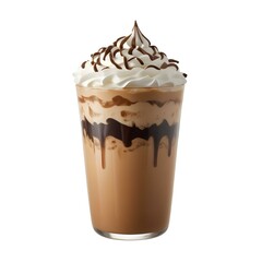 A tall glass filled with a layered coffee drink, topped with whipped cream and chocolate shavings. The drink appears to be a mocha or coffee-based beverage with a caramel or chocolate swirl