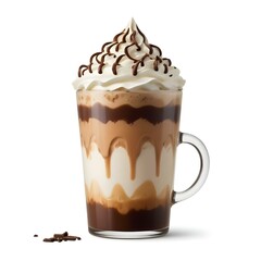 A tall glass filled with a layered coffee drink, topped with whipped cream and chocolate shavings. The drink appears to be a mocha or coffee-based beverage with a caramel or chocolate swirl