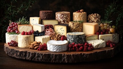An abundant variety of cheeses arranged on a rustic wooden board, accompanied by grapes, berries, nuts, and prosciutto.