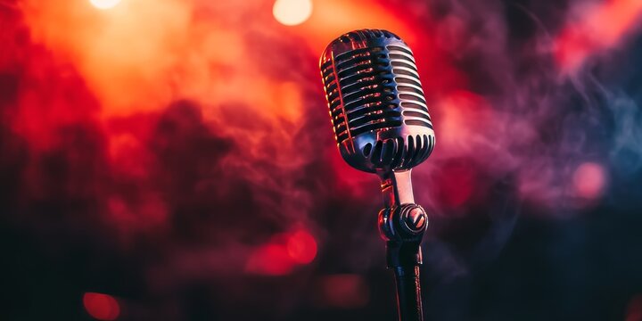 The concept of media presentations showcases a retro microphone set against a backdrop, perfect for concert showcases and music album cover designs, highlighting the essence of media presentations.