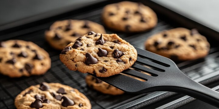Black baking spatula lifting chocolate chip cookies from the baking pan, showcasing a black baking spatula in action with delicious chocolate chip cookies for a delightful treat.