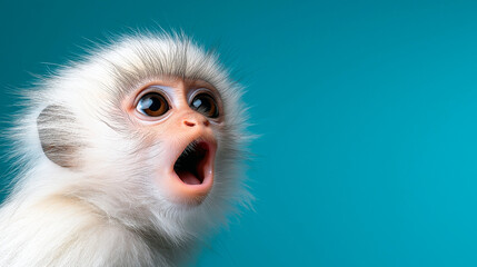 close-up of a monkey's head. Its wide eyes and open mouth expressing shock and surprise. Copy space.