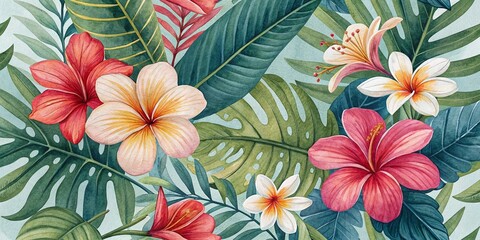 Fototapeta premium Vibrant Watercolor Tropical Flower Pattern for Summer Textile & Interior Design