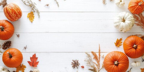 Celebrate the autumn harvesting scene with this top down image featuring ripe pumpkins and classic fall items on a white wood background, allowing for additional text or adverts to enrich the autumn