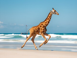 Giraffe running on the beach