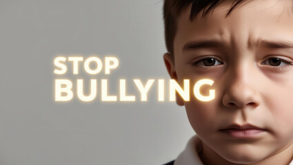 close up of sad boy face with glowing text STOP BULLYING emphasizes emotional impact of anti bullying awareness