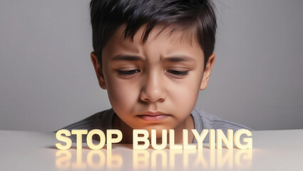 close up of sad boy looking down with glowing text STOP BULLYING in front of him, emphasizing anti bullying message and emotional awareness