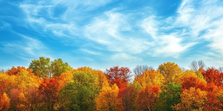 Autumn forest scene featuring a vibrant blue sky provides an ideal background with ample copy space. The autumn forest and its striking colors enhance the beauty of this serene blue sky backdrop. - Powered by Adobe