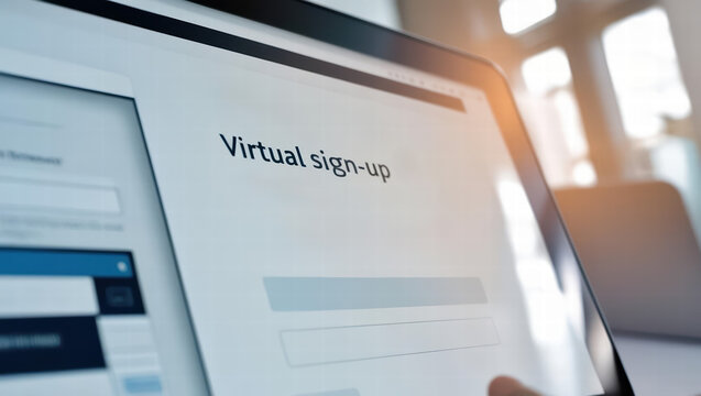 Close up of laptop screen displaying virtual sign up interface with modern digital design, emphasizing user engagement and interactive technology in bright environment