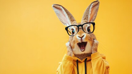 hare in a tracksuit. on a solid monochromatic background. in black glasses. bright colors. bokeh wide smile. intense joy. laughter. place for text