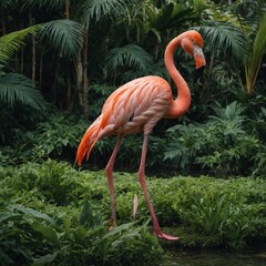 Fototapeta premium A flamingo standing on one leg surrounded by lush greenery.