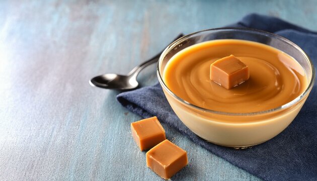 Homemade butterscotch pudding in glass cream bowl on the table. National Butterscotch Pudding Day, National Caramel Day
