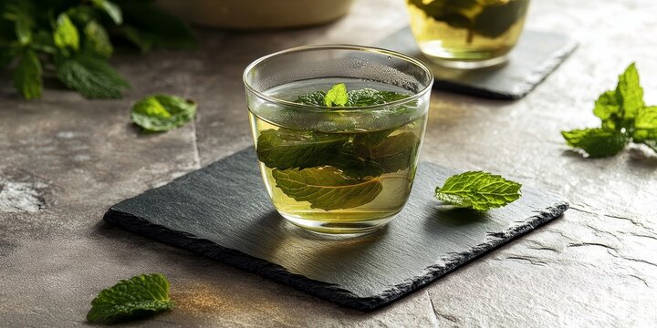 Refreshing mint tea served in a glass cup showcases the beautiful mint leaves. This herbal tea, enriched with fresh mint leaves, is artfully presented on a slate plate, highlighting its vibrant