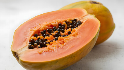 A photo of a ripe papaya in a white background.