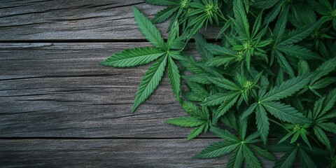 Green cannabis leaves arranged on a wooden surface highlight the unique characteristics of growing cannabis. This concept emphasizes the use of cannabis in herbal alternative medicine.