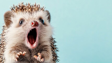 hedgehog face. open mouth. Surprised and shocked with paws on his head on a colored plain background. place for text