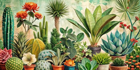Vintage Botanical Collage: Trendy Modern Plant Print, Artistic Hand-Drawn Pattern