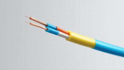 Fototapeta premium Close up of fiber optic cable with copper wires, featuring blue, yellow, and orange insulation, on light grid background, showcasing technology and connectivity