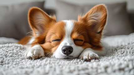 Relaxed corgi sleeping on cozy blanket