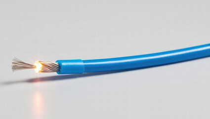 Fototapeta premium close up of blue fiber optic cable with glowing light at end, showcasing its metallic strands and smooth outer coating, symbolizing advanced technology and connectivity