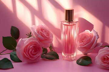 Pink roses and perfume bottle on pink background