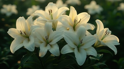Obraz premium Close-up of a cluster of pristine white lilies illuminated by soft sunlight.