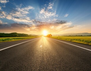 beautiful sun rising sky with asphalt highways road in rural sce

