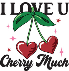 Cherry heart bow in cartoon style Cute trendy design. I love u cherry much