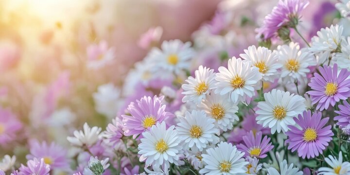 Stunning carpet of white and cream purple asters, showcasing the vibrant beauty of asters in full bloom. This enchanting display of asters creates a picturesque scene perfect for any design.