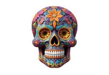 A colorful and intricate sugar skull with vibrant patterns, bold colors, and detailed designs. The skull features large, expressive eyes, a wide open mouth, and an ornate floral motif across the surfa