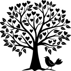 Black and White Love Tree with Birds and Heart-Shaped Leaves Illustration